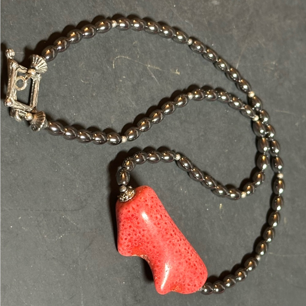 Natural Red Sponge Coral n Black Hematite Necklace. 18” long. Handmade jewelry